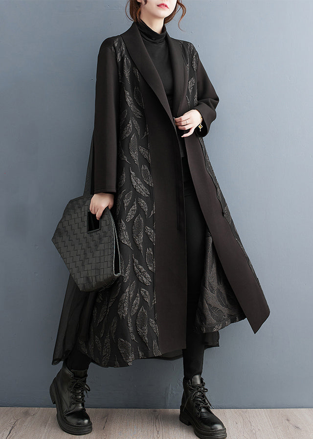 Loose Black Zippered Print Tulle Patchwork Long Trench Coat Fall