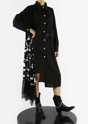 Loose Black button asymmetrical design Peter Pan Collar Patchwork shirt Dresses Spring