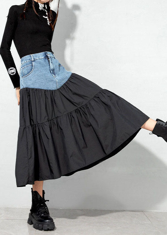 Loose Black denim Patchwork Casual Skirt Spring