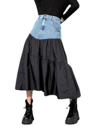 Loose Black denim Patchwork Casual Skirt Spring