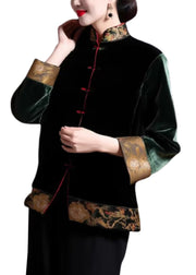 Loose Blackish Green Embroidered Button Silk Coats Long Sleeve