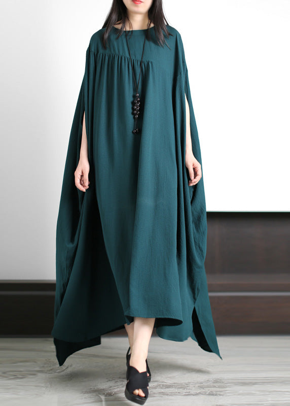 Loose Blackish Green O-Neck Low High Design Maxi Dresses Spring