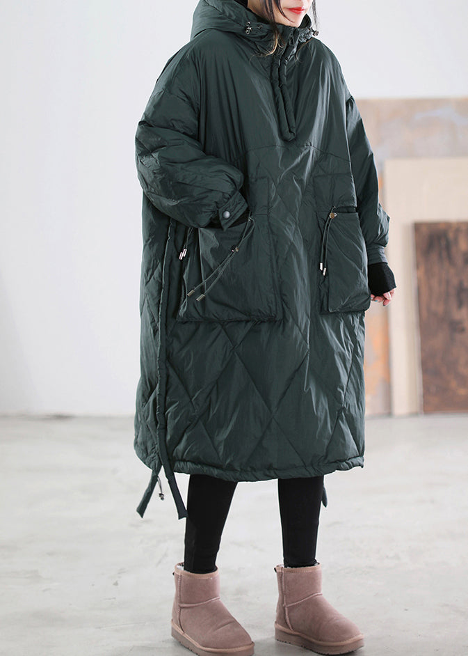 Loose Blackish Green Zippered Patchwork Maxi Hooded Duck Down Down Coats Winter