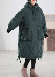 Loose Blackish Green Zippered Patchwork Maxi Hooded Duck Down Down Coats Winter