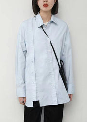 Loose Blue Asymmetrical Button Patchwork Cotton Shirt Top Fall