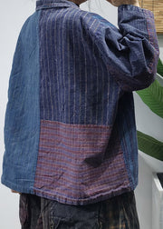 Lockerer blauer Peter-Pan-Kragen-Patchwork-Mantel aus Baumwolle mit langen Ärmeln