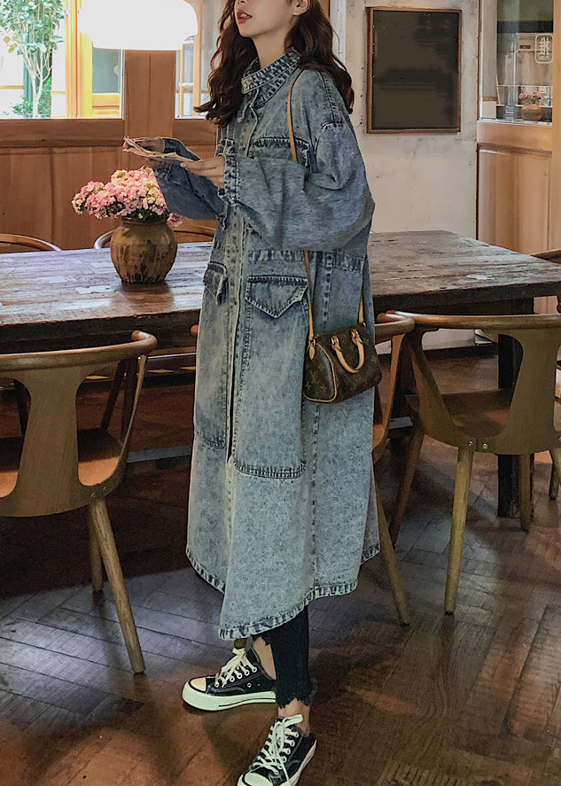 Loose Blue Button Pockets Patchwork Denim Long Trench Coats Fall