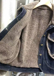 Loose Blue Button Pockets Patchwork Fleece Coat Long Sleeve