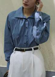 Loose Blue Button Wrinkled Patchwork Cotton Shirt Long Sleeve