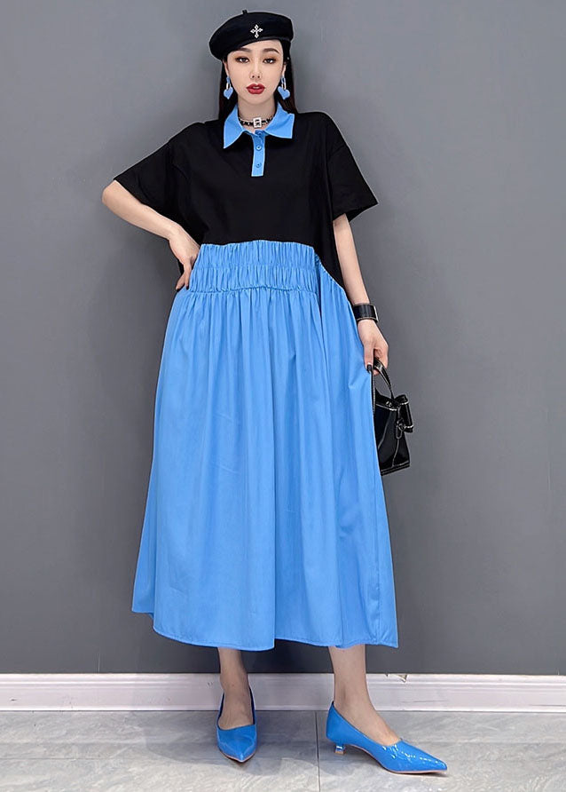 Loose Blue Colorblock Peter Pan Collar Patchwork pleated Cotton Shirt Dress Short Sleeve
