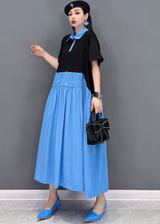 Lockeres blaues Colorblock-Bubikragen-Patchwork-Plissee-Hemdkleid aus Baumwolle mit kurzen Ärmeln