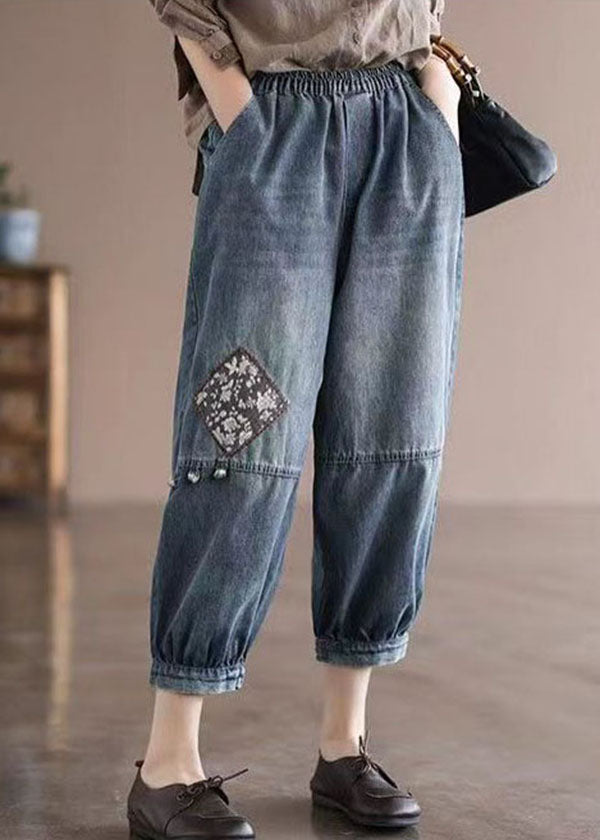 Loose Blue Elastic Waist Pockets Patchwork Applique Cotton Denim Crop Pants Summer