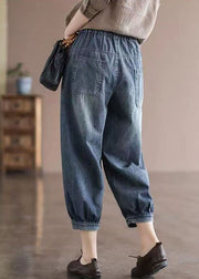 Lose blaue elastische Taillentaschen Patchworkapplikationen Baumwolle Denim Crop Pants Sommer