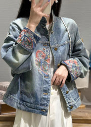 Loose Blue Embroidered Button Patchwork Denim Coat Fall