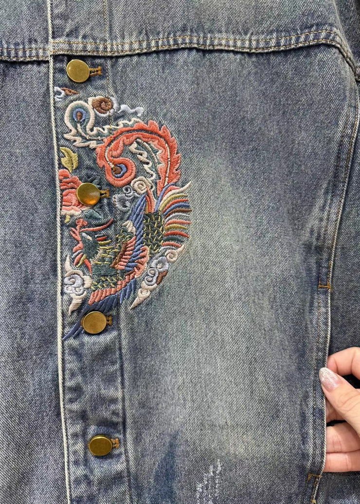 Loose Blue Embroidered Button Patchwork Denim Coat Fall
