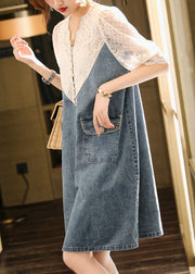 Loose Blue Embroidered Lace Patchwork Dress Half Sleeve