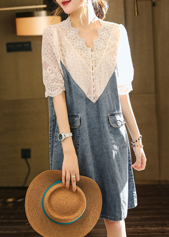 Loose Blue Embroidered Lace Patchwork Dress Half Sleeve
