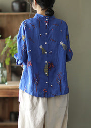 Loose Blue Embroidered Linen Shirt Long Sleeve