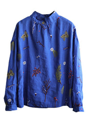 Loose Blue Embroidered Linen Shirt Long Sleeve