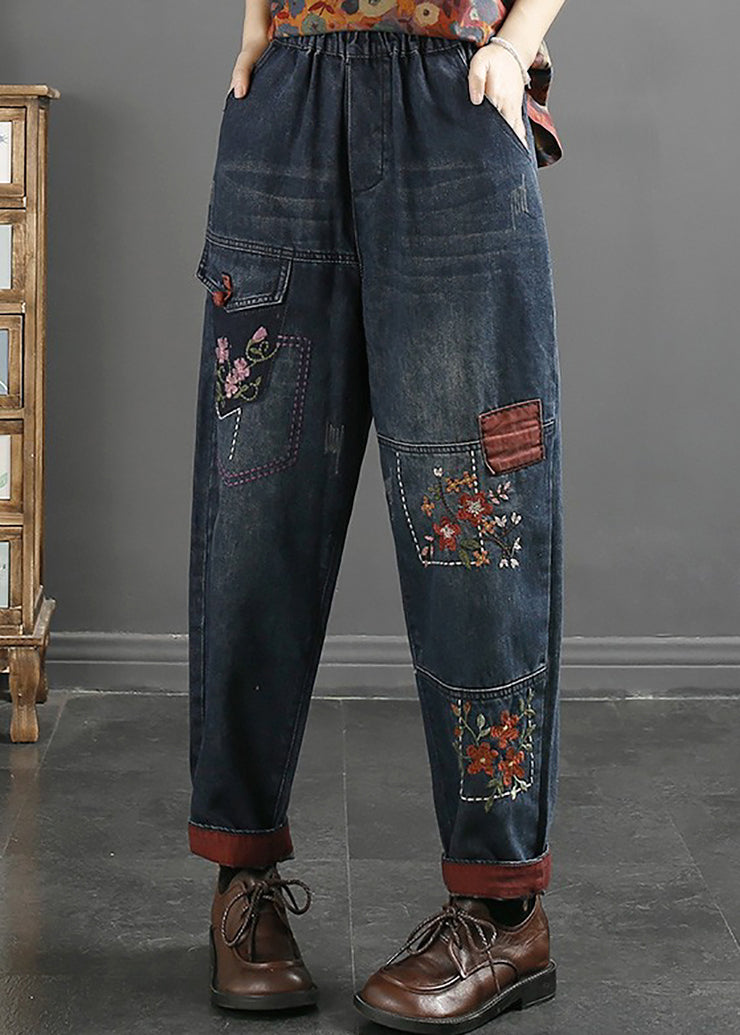Loose Blue Embroidered Pockets Elastic Waist Jeans Fall