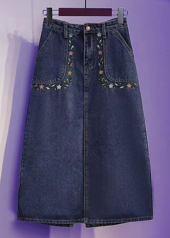 Loose Blue Embroidered Pockets Patchwork Denim Skirt Summer