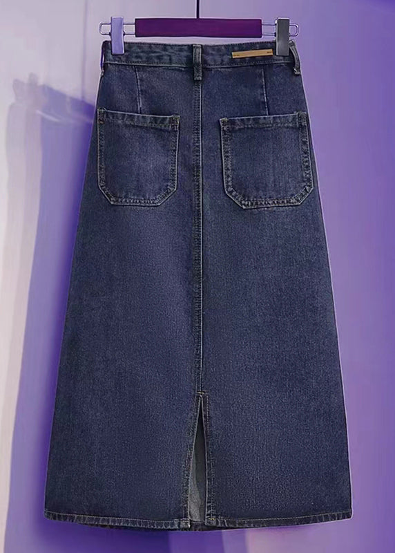 Loose Blue Embroidered Pockets Patchwork Denim Skirt Summer