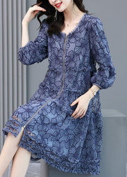 Loose Blue Embroidered Ruffled Zippered Silk Dresses Long Sleeve
