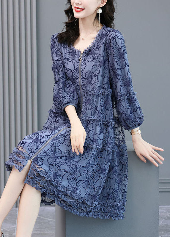 Loose Blue Embroidered Ruffled Zippered Silk Dresses Long Sleeve