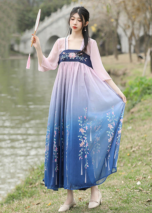 Loose Blue Embroidered Wrinkled Patchwork Chiffon Long Dresses Summer