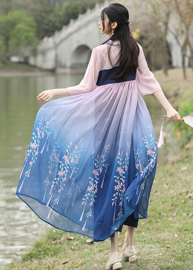Loose Blue Embroidered Wrinkled Patchwork Chiffon Long Dresses Summer