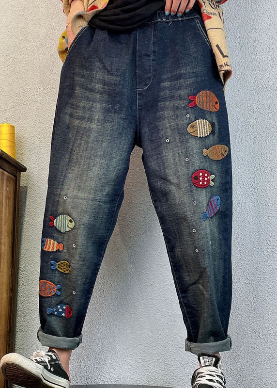 Lockere, blaue, bestickte Jeans-Frühlings-Haremshose