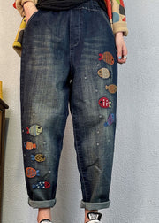 Lockere, blaue, bestickte Jeans-Frühlings-Haremshose