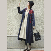 Lose blaue Stickerei Lange Seite offener Baumwoll-Leinen-Mantel für Frauen