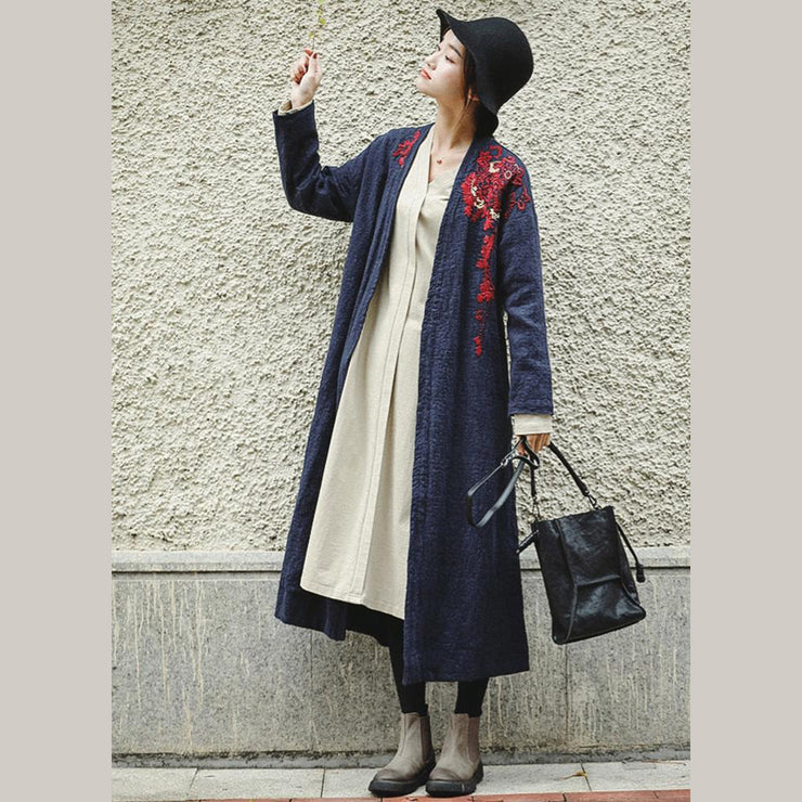 Loose Blue Embroidery Long side open Cotton Linen Coat For Women
