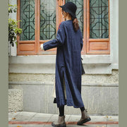 Lose blaue Stickerei Lange Seite offener Baumwoll-Leinen-Mantel für Frauen
