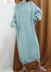 Loose Blue Green Turtleneck Cozy Cotton Knit Long Dress Fall