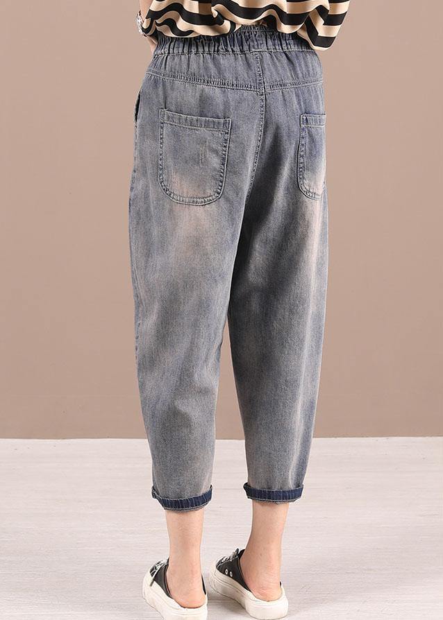 Loose Blue Grey Patchwork Embroideried Pants denim - SooLinen
