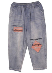 Loose Blue Grey Patchwork Embroideried Pants denim - SooLinen