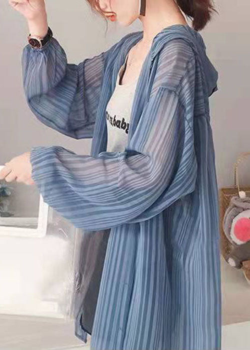 Loose Blue Hooded Striped Silk Cardigan Long Sleeve