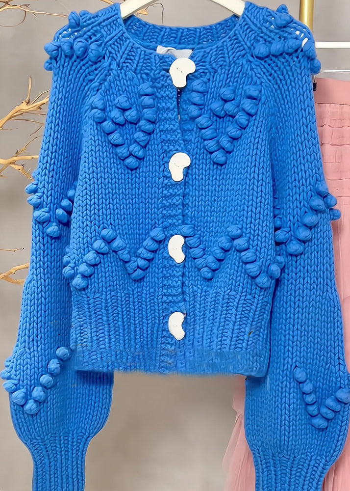 Loose Blue O Neck Button Cozy Cotton Knit Top Long Sleeve