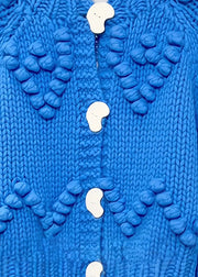 Loose Blue O Neck Button Cozy Cotton Knit Top Long Sleeve