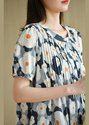 Loose Blue O-Neck Button Print Summer Cotton Dresses Short Sleeve - SooLinen