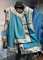 Loose Blue O-Neck Embroidered Floral Patchwork Silk Waistcoat Fall