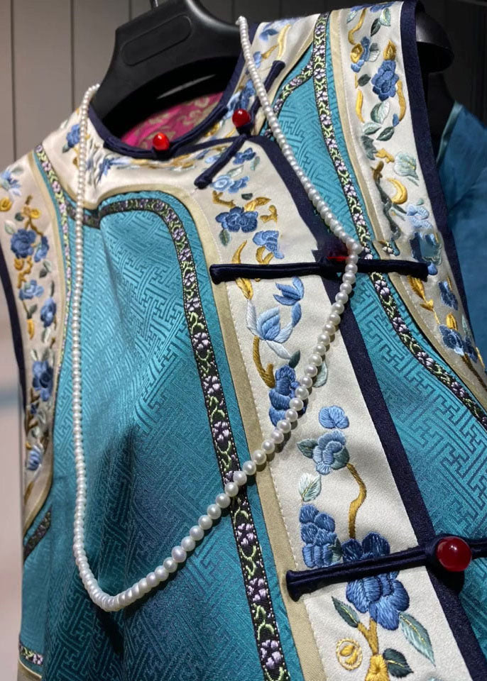 Loose Blue O-Neck Embroidered Floral Patchwork Silk Waistcoat Fall