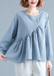 Loose Blue O-Neck Pockets Patchwork Fall Long sleeve Top