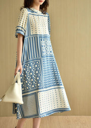 Loose Blue O-Neck Print Summer Cotton Short Sleeve Dress - SooLinen