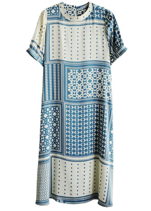 Loose Blue O-Neck Print Summer Cotton Short Sleeve Dress - SooLinen