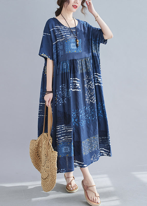 Loose Blue O-Neck Print wrinkled Beach Dress Short Sleeve