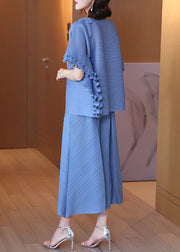 Loose Blue O-Neck Top And Wide Leg Pants Two Pieces Set Fall