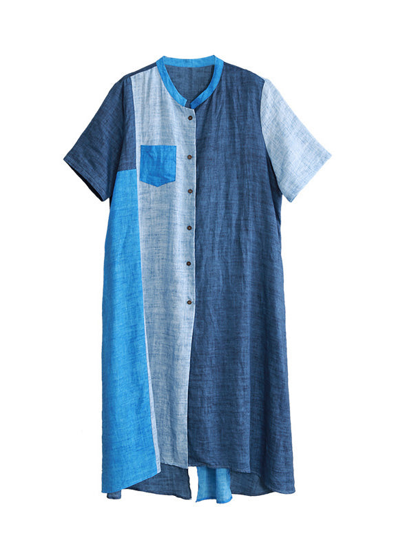 Loose Blue Patchwork Button Linen Long Shirts Short Sleeve